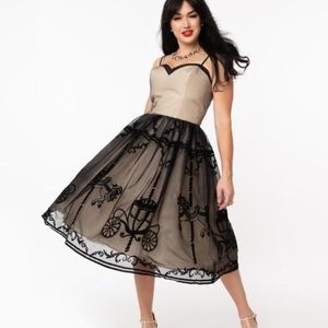 NWT nude, and black overlay carousel dress